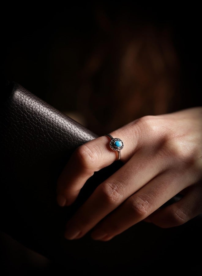 Alpha Rock Genuine Solid 925 Sterling Silver Simulated Round Turquoise Marcasite Accents Halo Ring, Statement Engagement Promise Wedding Birthstone Oxidized Fine Ring, Gift for Women (Simulated Turquoise A, 7) - Image 3